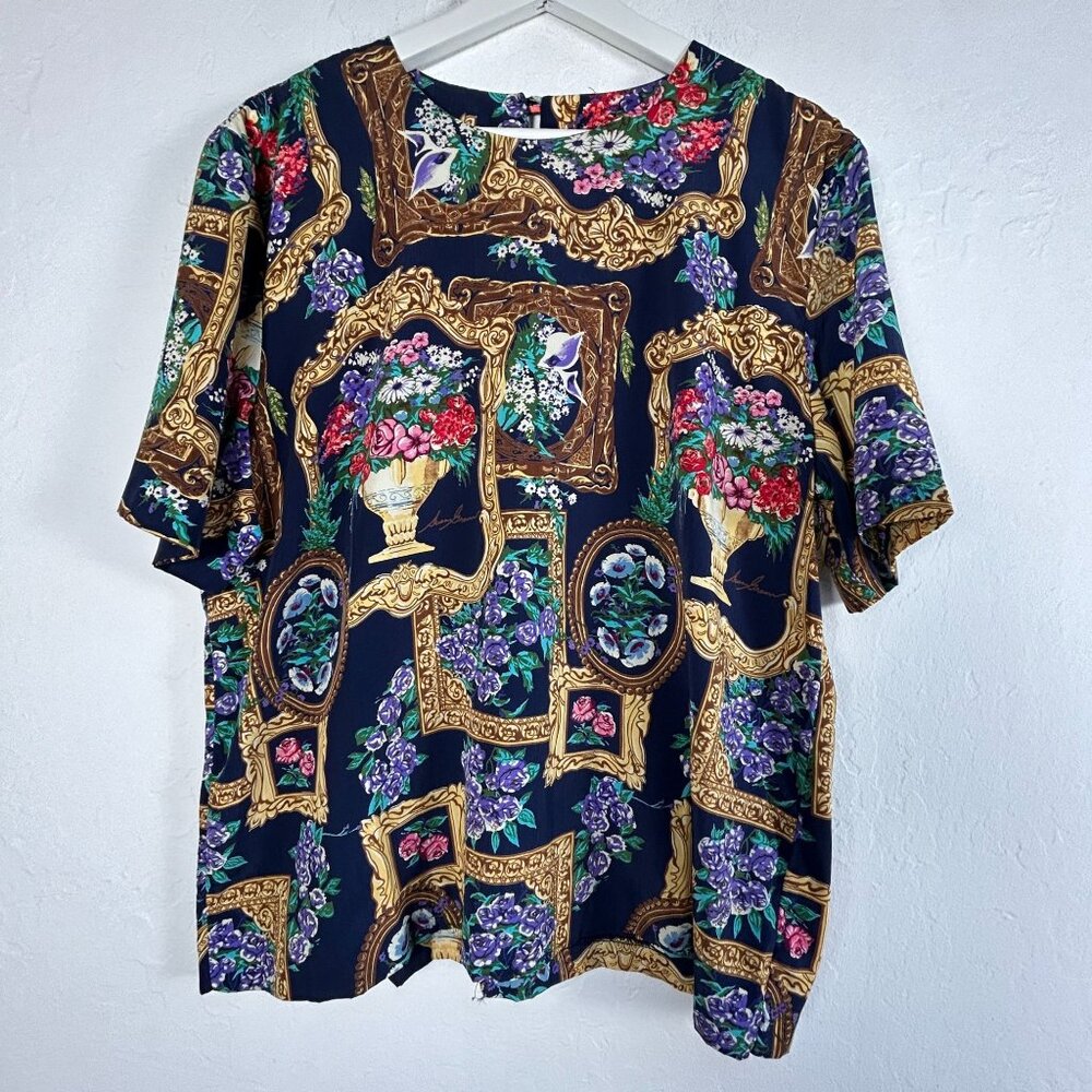 Vintage S.G. Sport Collection Womens Floral & Gold Frame Print Top Large 14/16